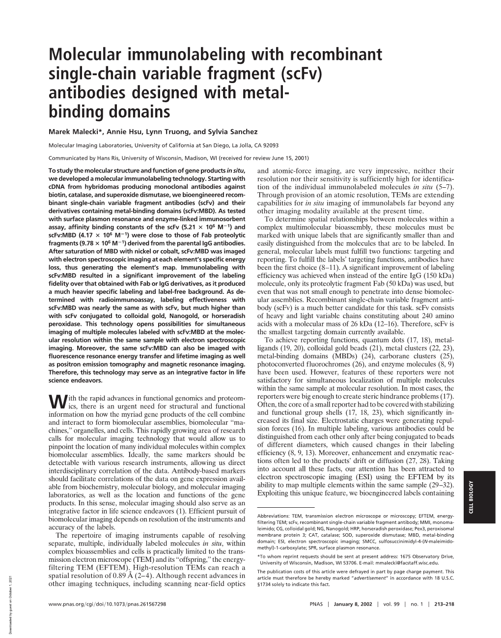 Molecular Immunolabeling with Recombinant Single-Chain Variable Fragment (Scfv) Antibodies Designed with Metal- Binding Domains