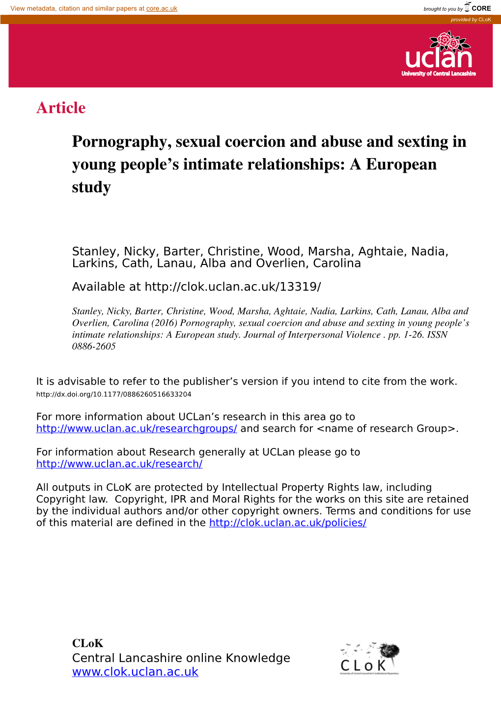 Article Pornography, Sexual Coercion and Abuse and Sexting In