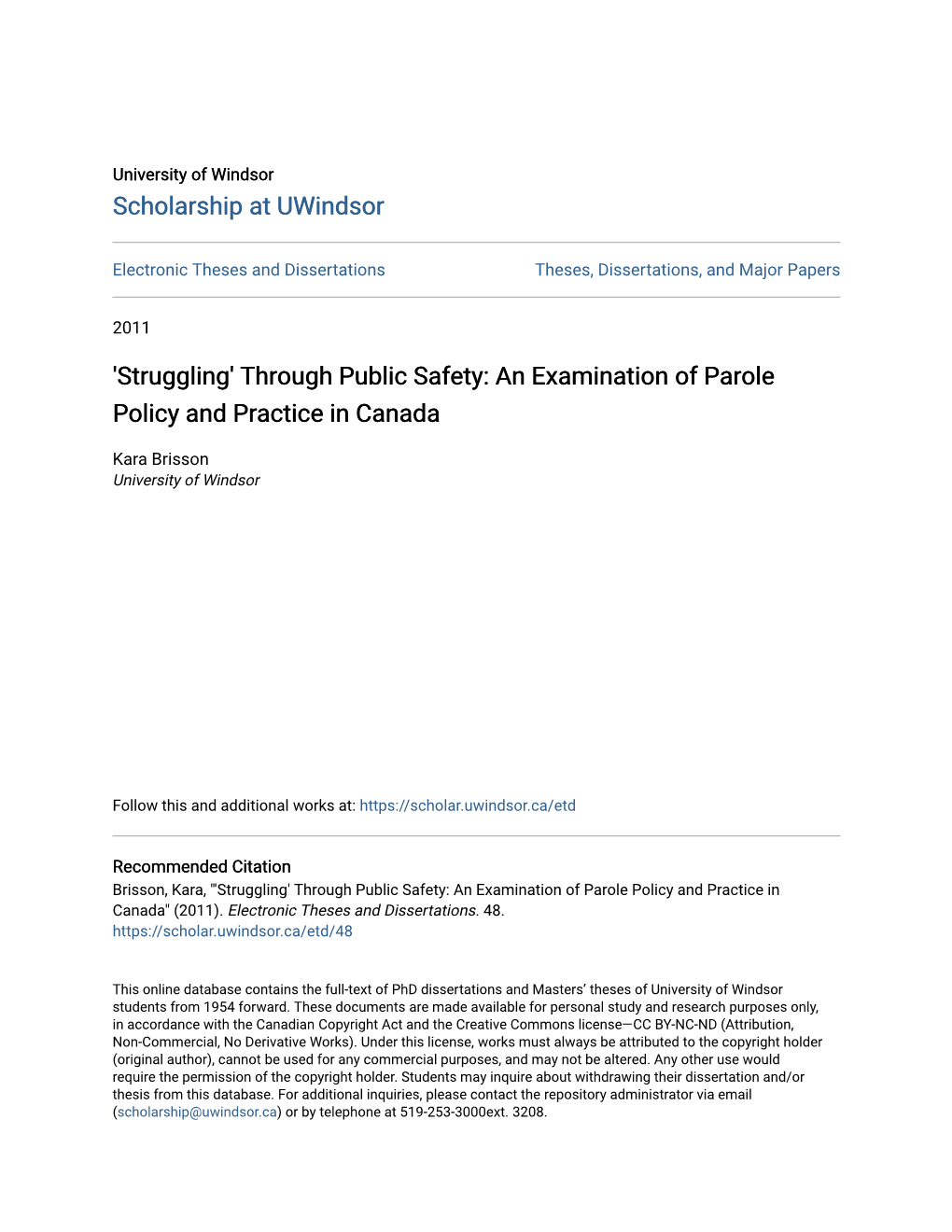 'Struggling' Through Public Safety: an Examination of Parole Policy and Practice in Canada