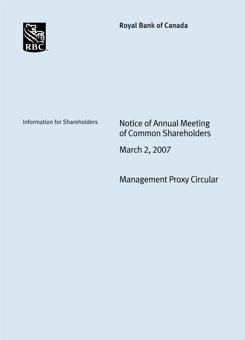 Notice of Annual Meeting of Common Shareholders March 2, 2007