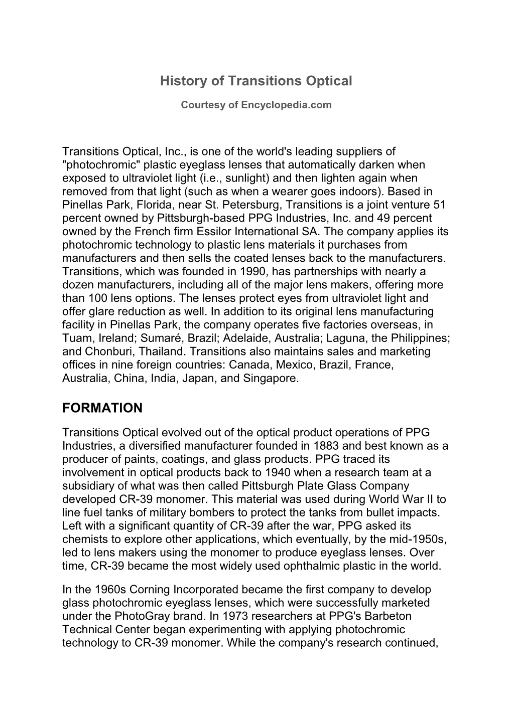 History of Transitions Optical FORMATION