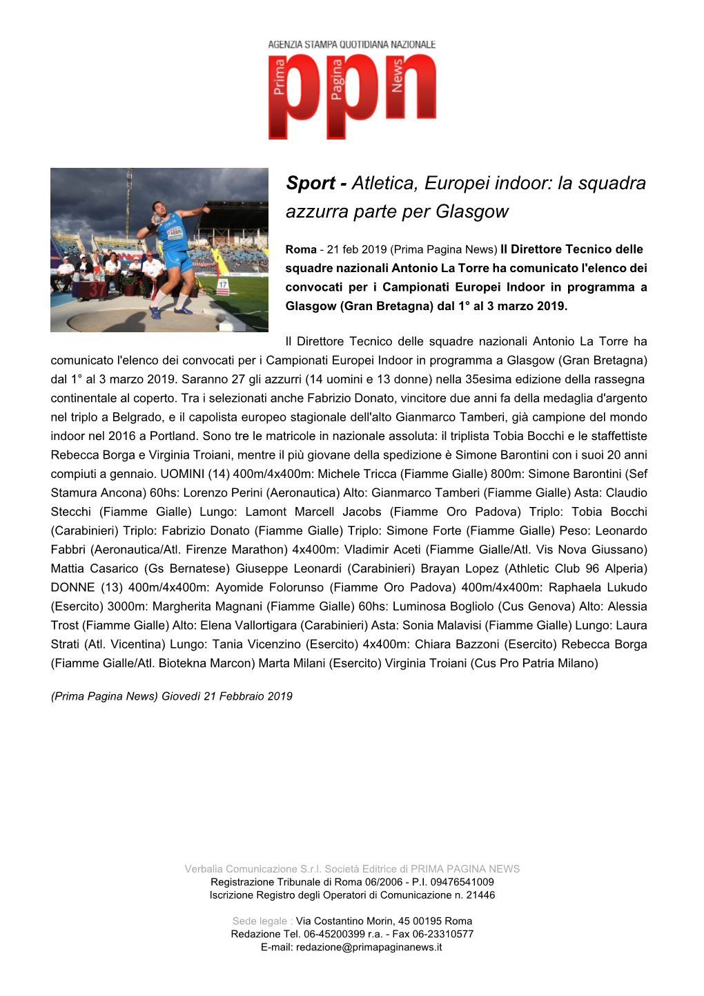 Atletica, Europei Indoor: La Squadra Azzurra Parte Per Glasgow