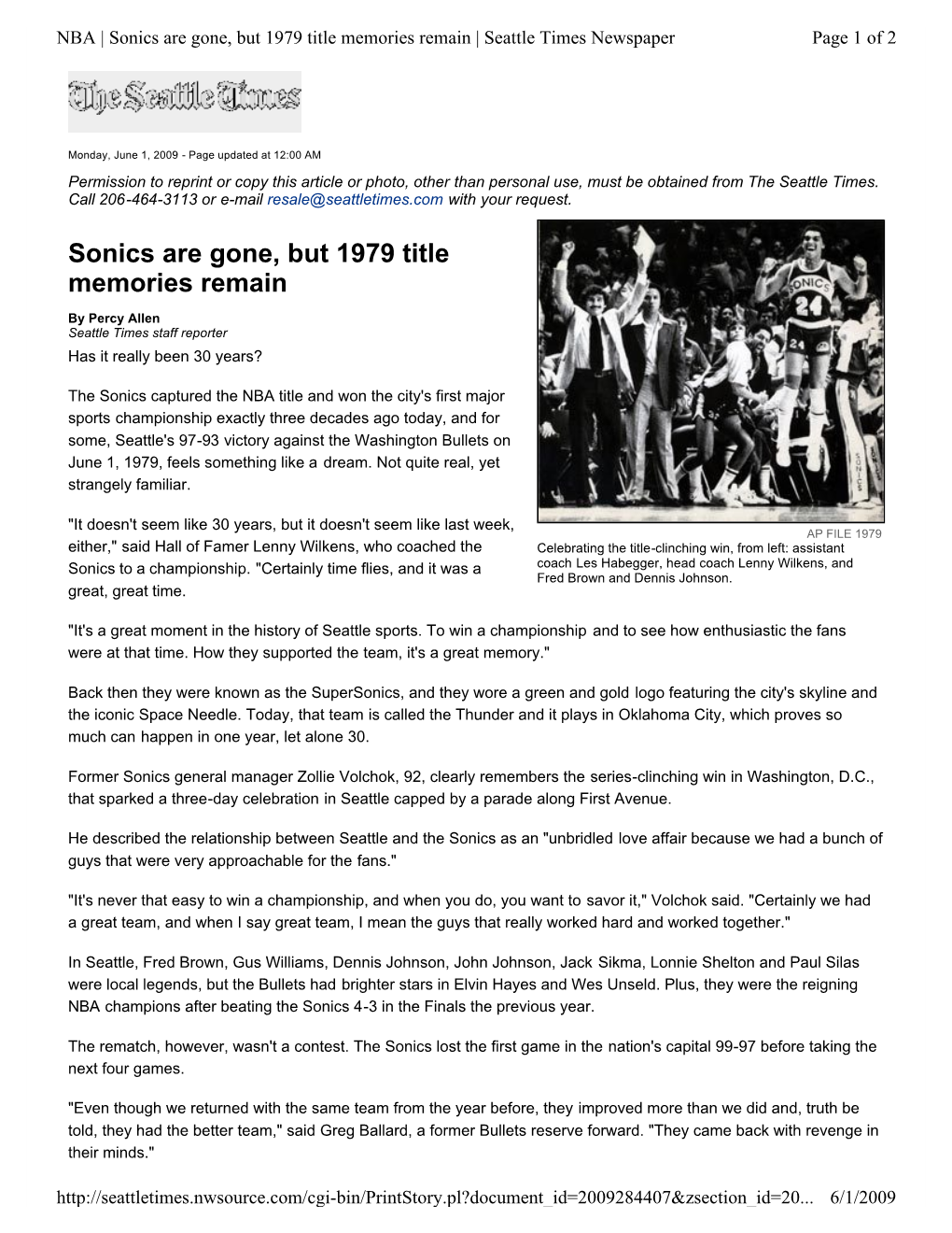 Sonics Are Gone, but 1979 Title Memories Remain | Seattle Times Newspaper Page 1 of 2