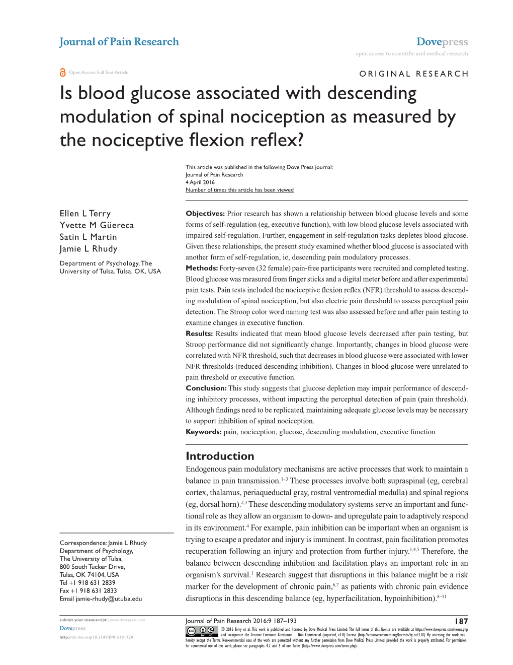 Is Blood Glucose Associated with Descending Modulation of Spinal Nociception As Measured by the Nociceptive Flexion Reflex?