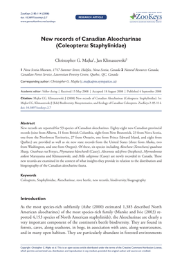 Pdf [Accessed 30 July 2008] Gusarov VI (2003A) Revision of Some Types of North American Aleocharines (Coleoptera: Staphylinidae: Aleocharinae), with Synonymic Notes