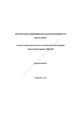 Architectural Modernism and Apartheid Modernity In