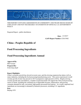 China: Food Processing Ingredients
