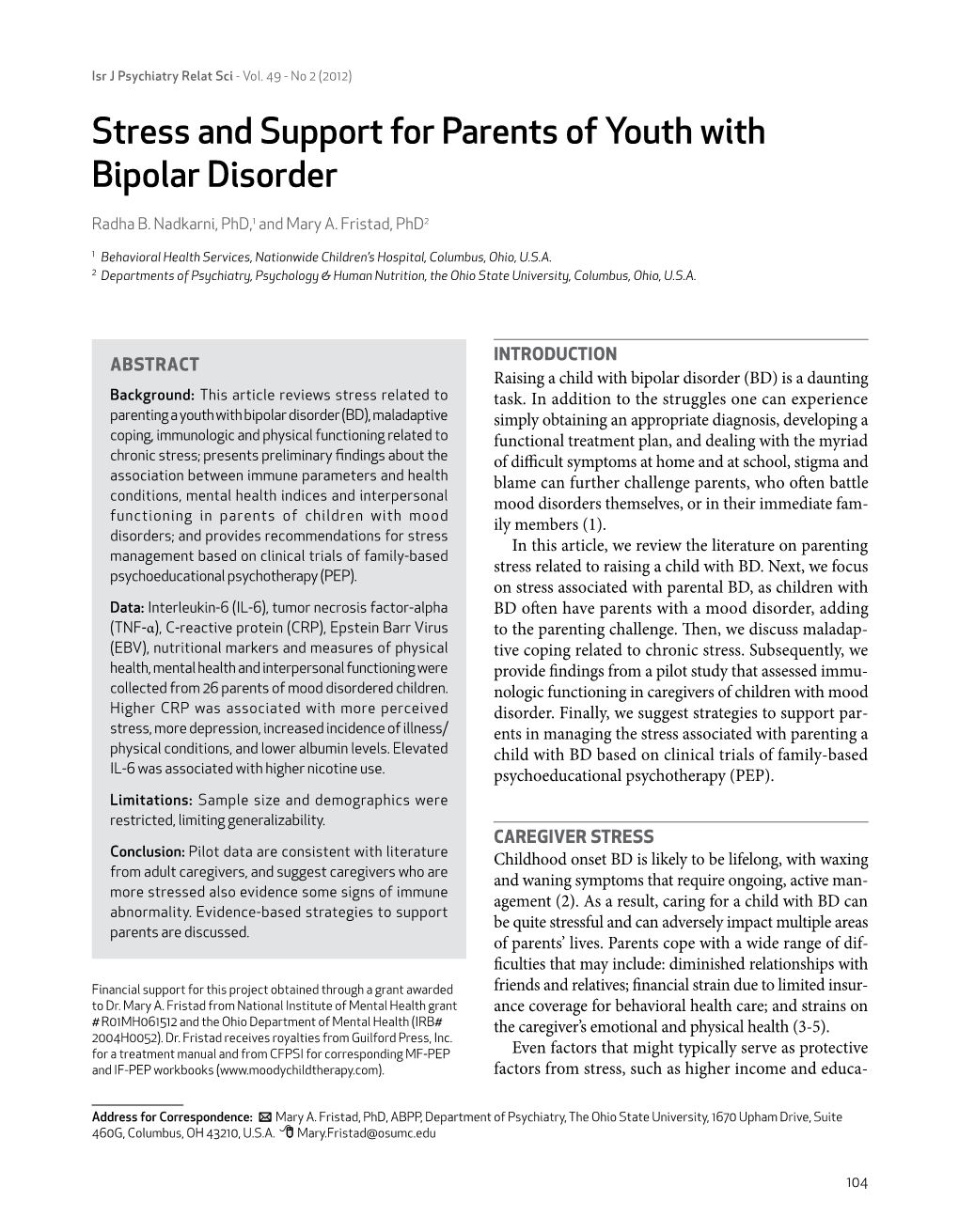 Stress and Support for Parents of Youth with Bipolar Disorder