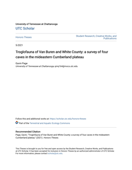 Troglofauna of Van Buren and White County: a Survey of Four Caves in the Mideastern Cumberland Plateau