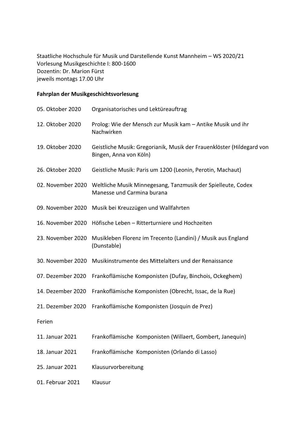 Fahrplan Der Musikgeschichtsvorlesung