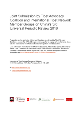 Joint Submission by Tibet Advocacy Coalition and International Tibet Network Member Groups on China’S 3Rd Universal Periodic Review 2018