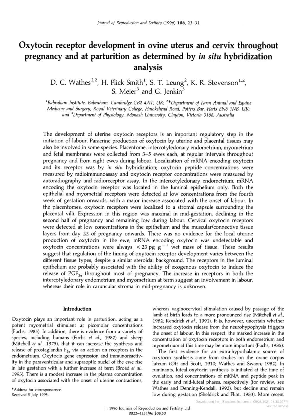 Oxytocin Receptor Development in Ovine Uterus and Cervix Throughout Pregnancy and at Parturition As Determined by in Situ Hybridization Analysis D