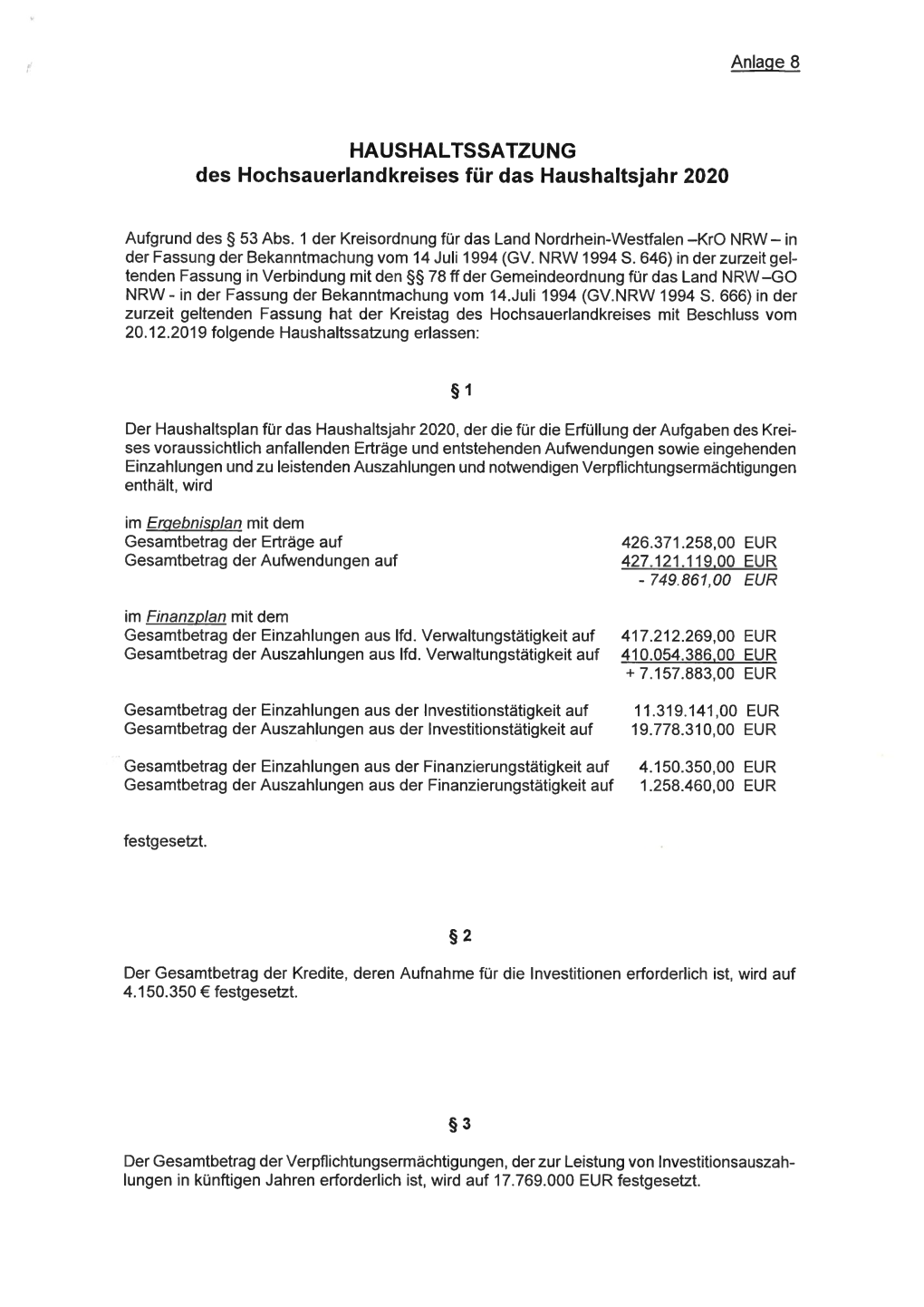 HAUSHALTSSATZUNG Des Hochsauerlandkreises Für Das Haushaltsjahr 2020