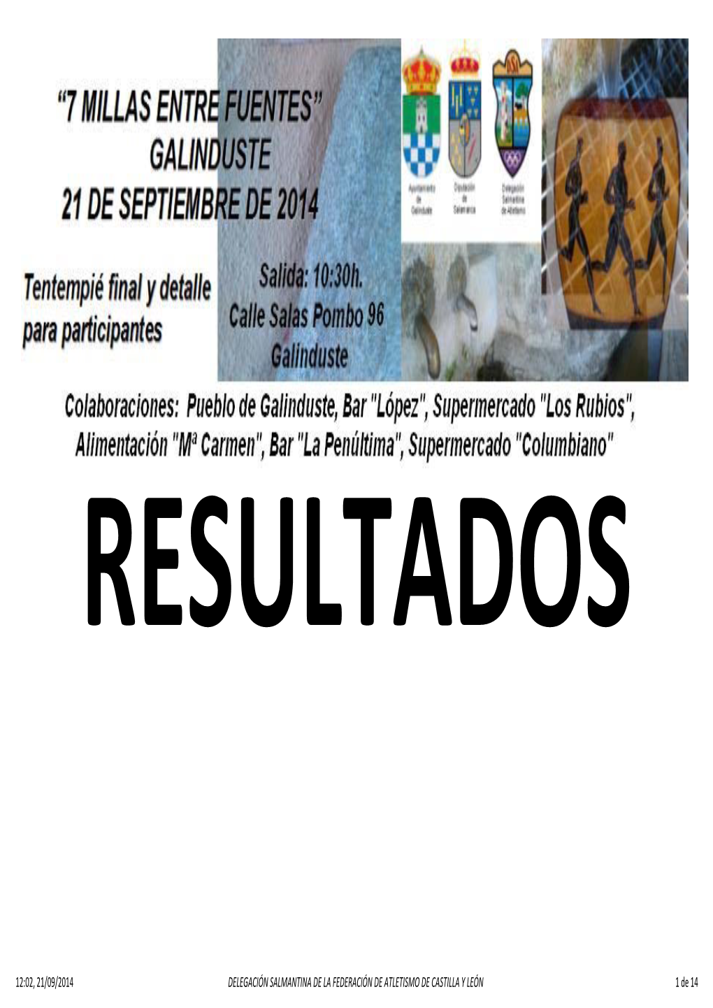 12:02, 21/09/2014 DELEGACIÓN SALMANTINA DE LA FEDERACIÓN DE ATLETISMO DE CASTILLA Y LEÓN 1 De 14 RESULTADOS GENERALES DE LA CARRERA