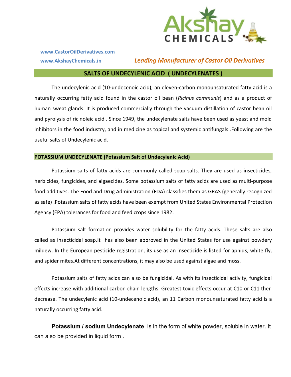 Salts of Undecylenic Acid ( Undecylenates )