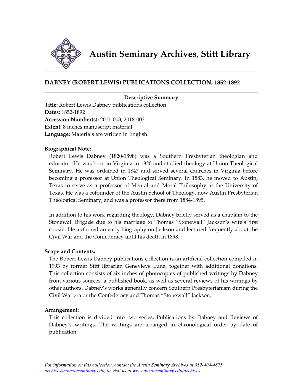 Austin Seminary Archives, Stitt Library