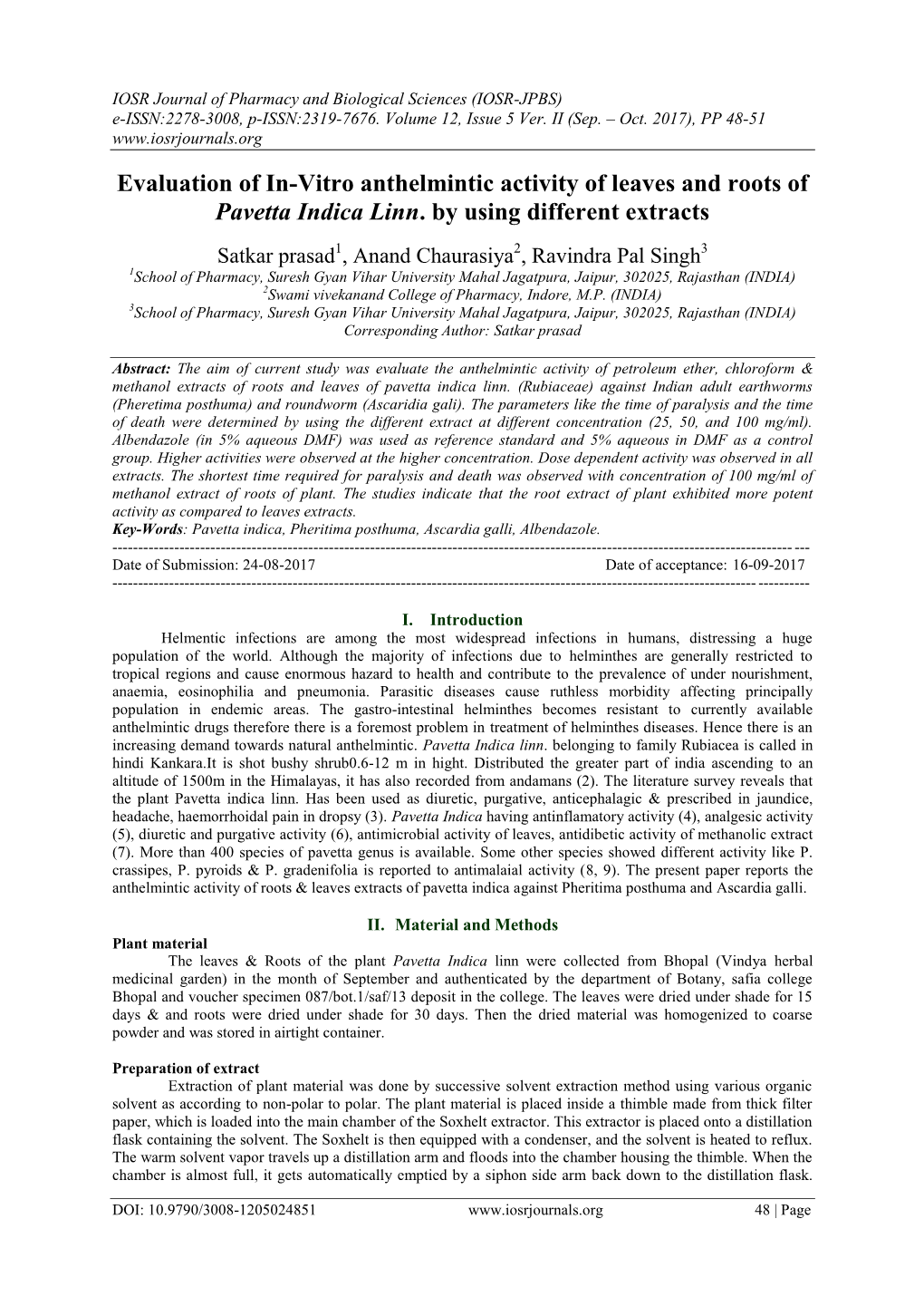 Evaluation of In-Vitro Anthelmintic Activity of Leaves and Roots of Pavetta Indica Linn. by Using Different Extracts