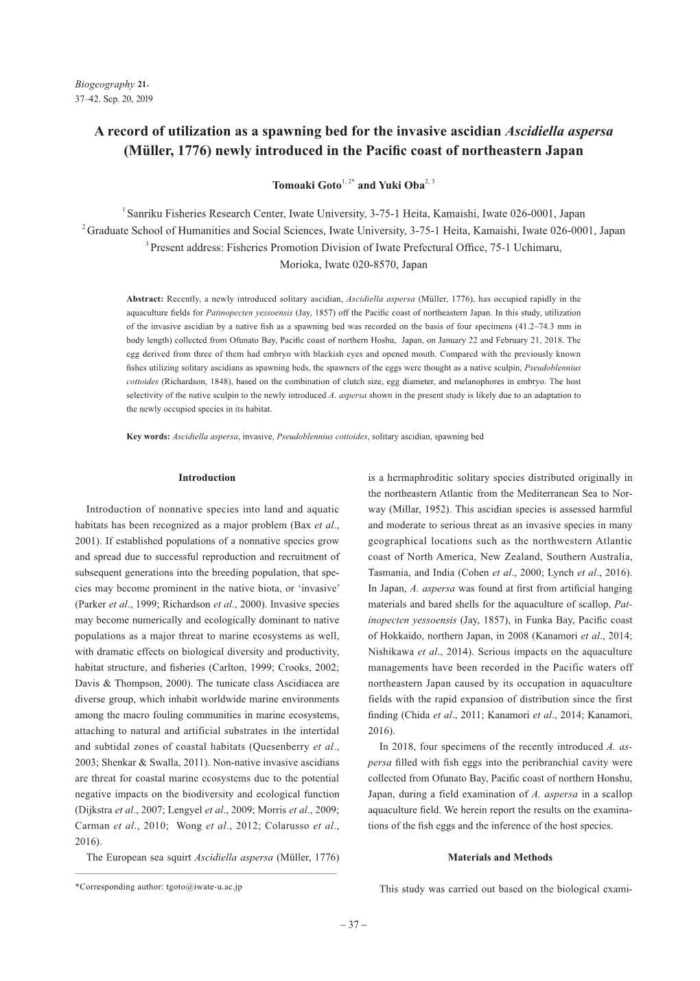 A Record of Utilization As a Spawning Bed for the Invasive Ascidian Ascidiella Aspersa (Müller, 1776) Newly Introduced in the Pacific Coast of Northeastern Japan