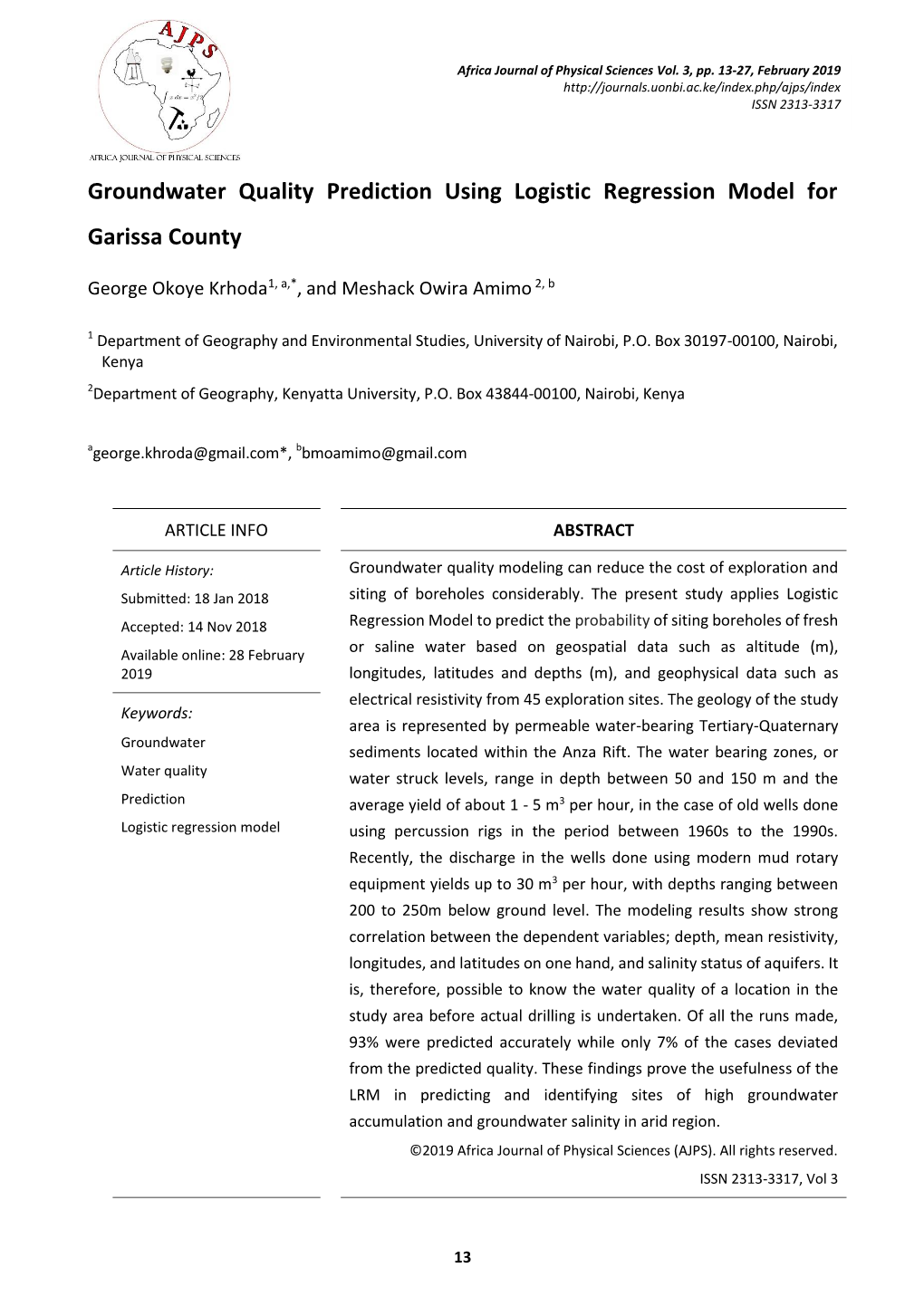 Groundwater Quality Prediction Using Logistic Regression Model for Garissa County