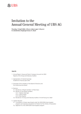 Invitation to the Annual General Meeting of UBS AG Ab
