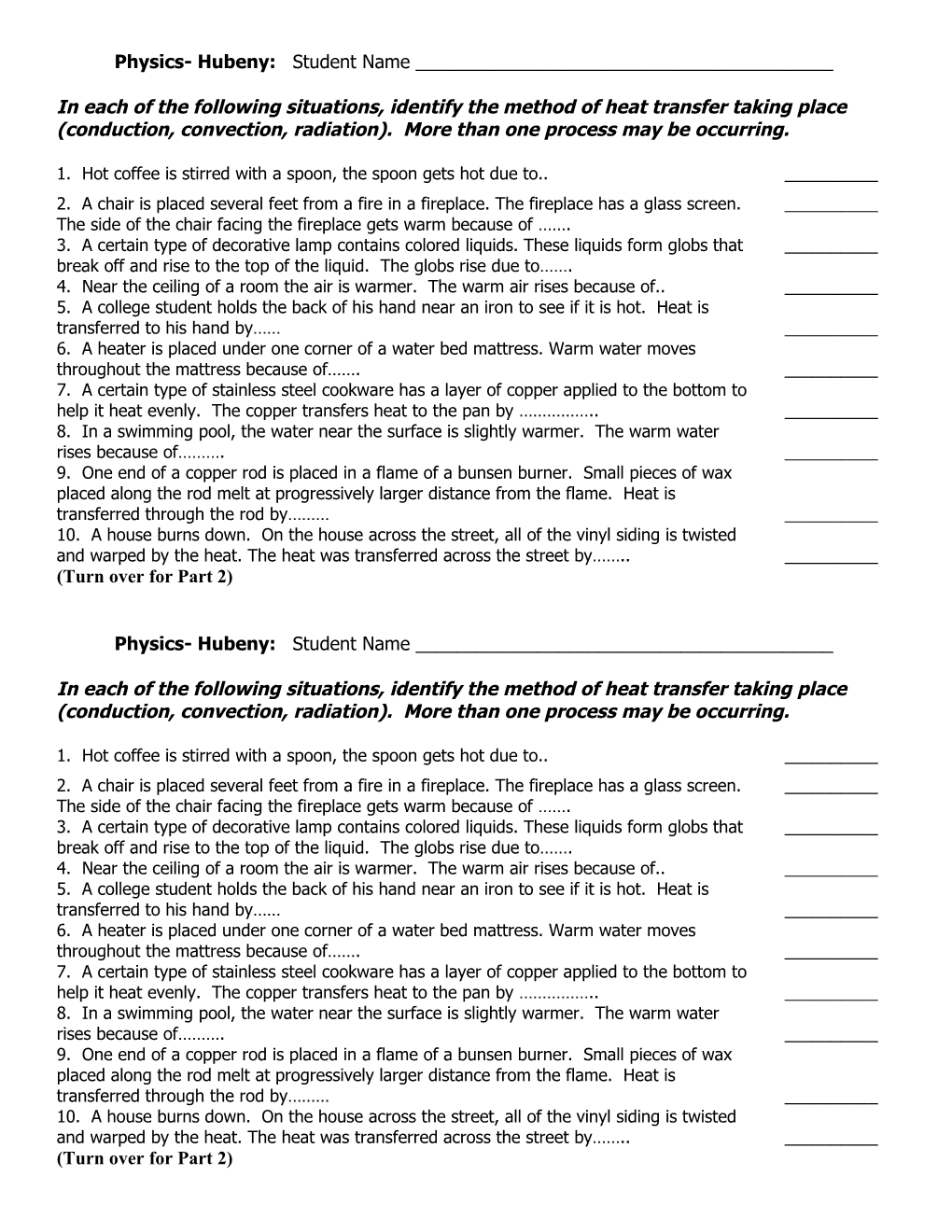 Worksheet: Methods of Heat Transfer