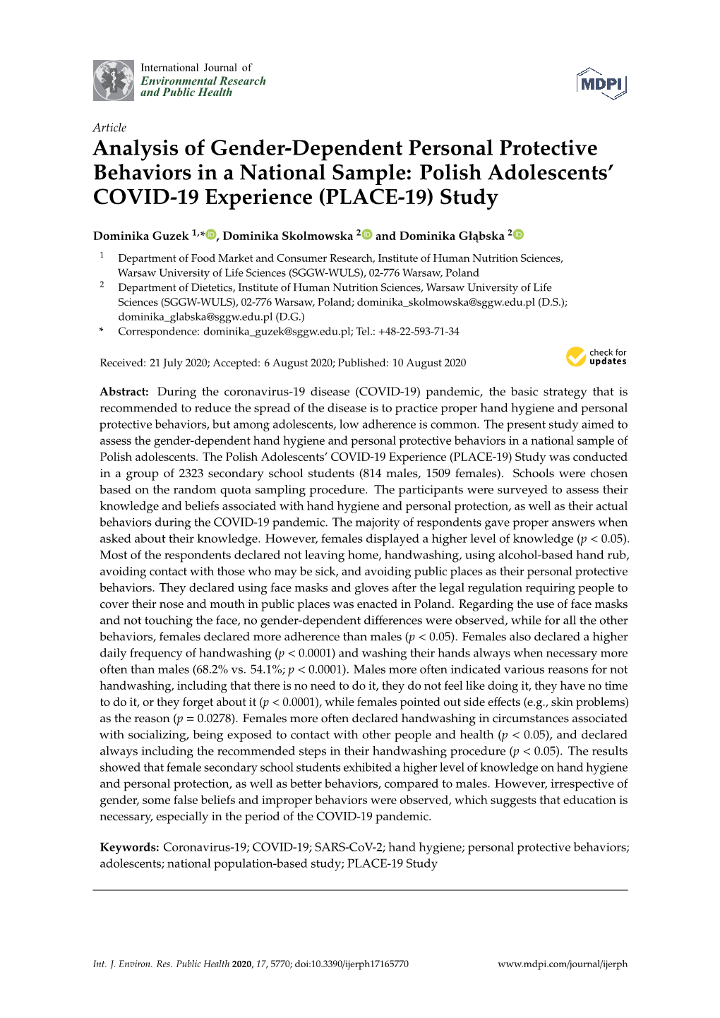 Analysis of Gender-Dependent Personal Protective Behaviors in a National Sample: Polish Adolescents' COVID-19 Experience (PLAC