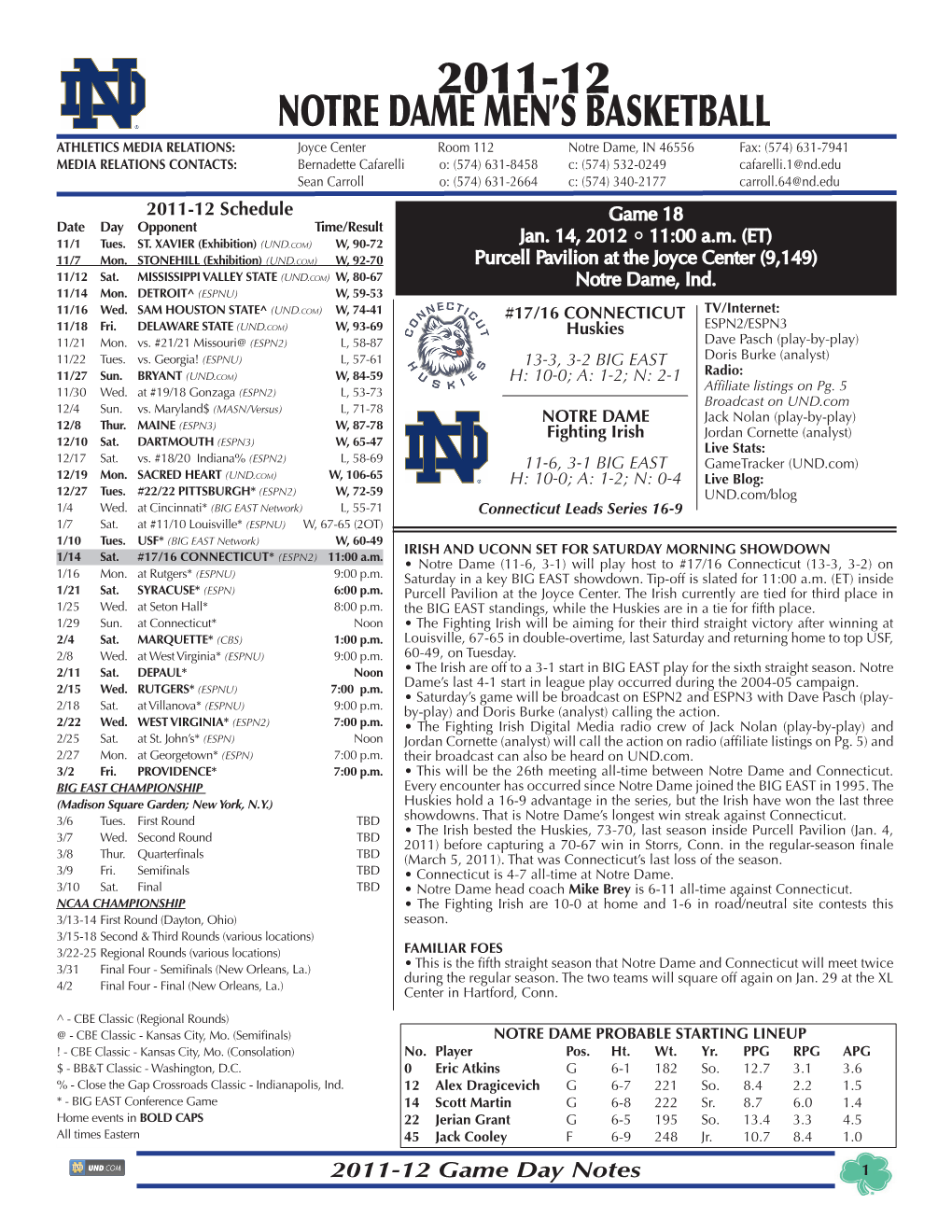 2011-12 Notre Dame Men's Basketball Notre Dame Combined Team Statistics (As of Jan 10, 2012) All Games