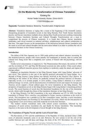 On the Modernity Transformation of Chinese Translation Xixiang Ke Wuhan Textile University, Wuhan, China 430070 1753270552@Qq.Com