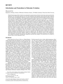 REVIEW Selectionism and Neutralism in Molecular Evolution