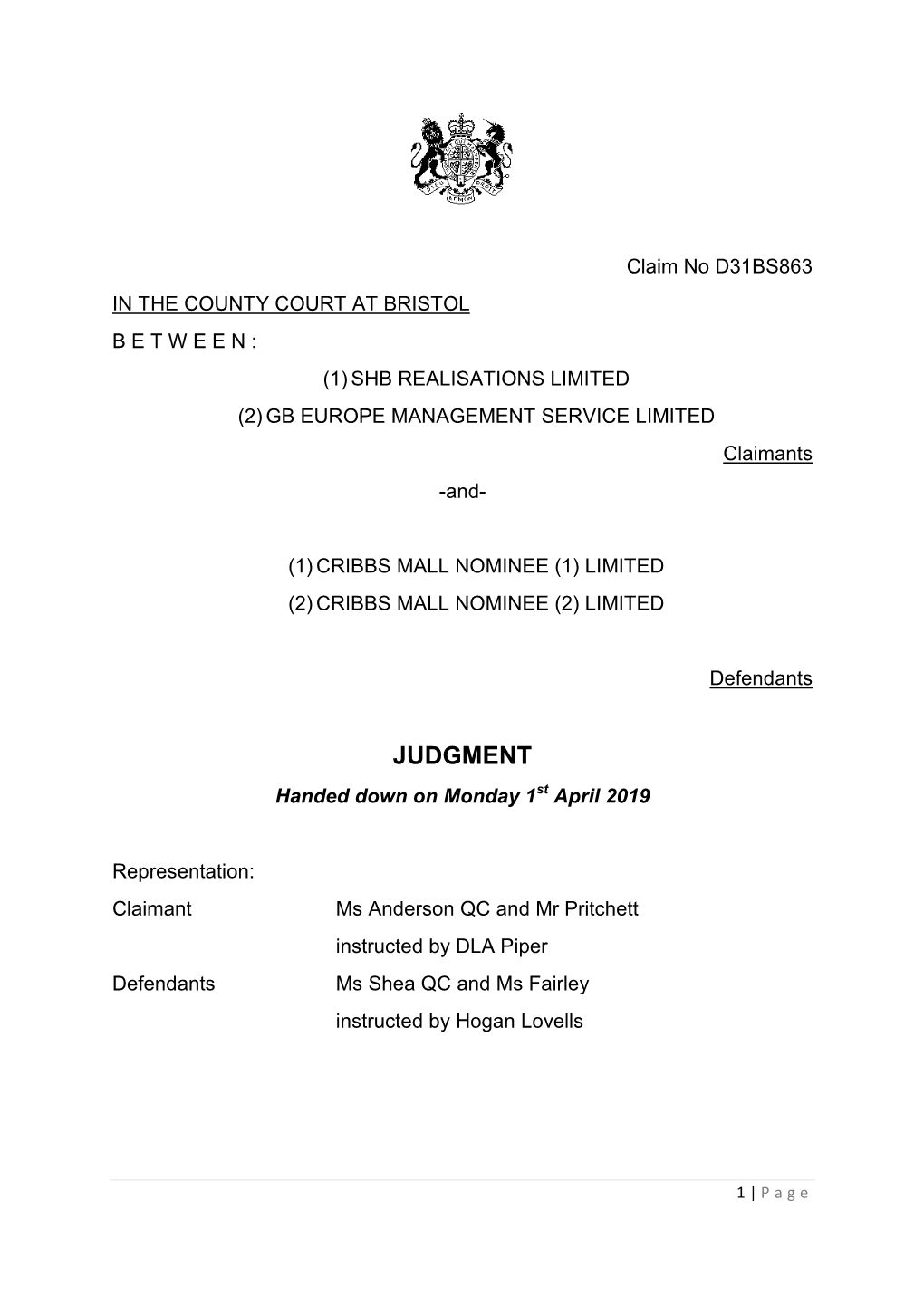 JUDGMENT Handed Down on Monday 1St April 2019