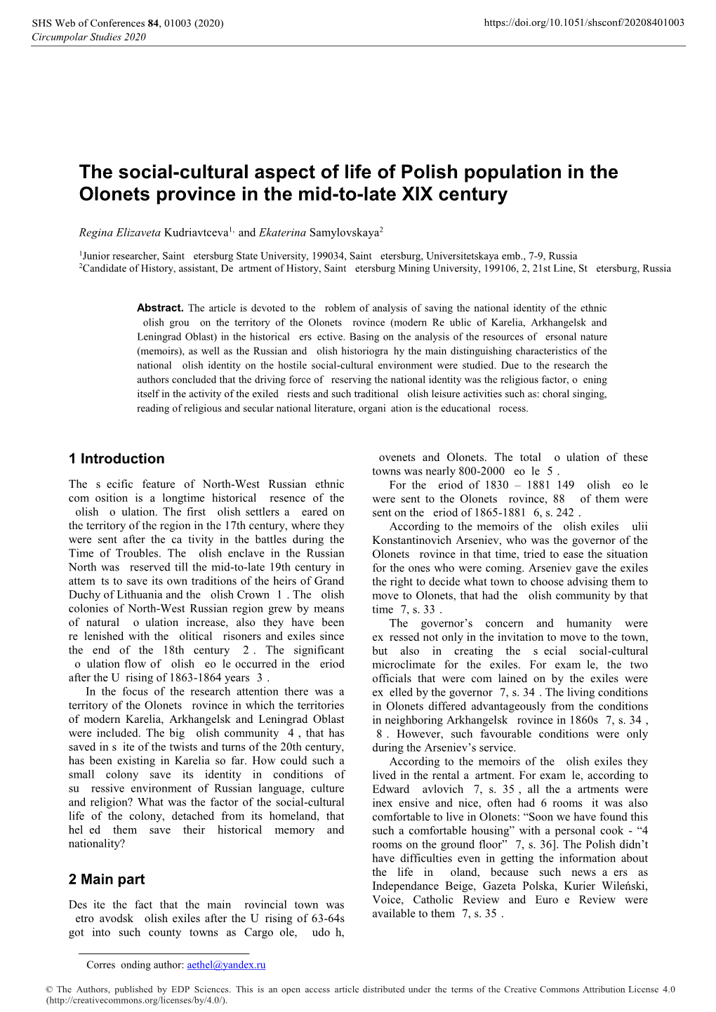 The Social-Cultural Aspect of Life of Polish Population in the Olonets Province in the Mid-To-Late XIX Century