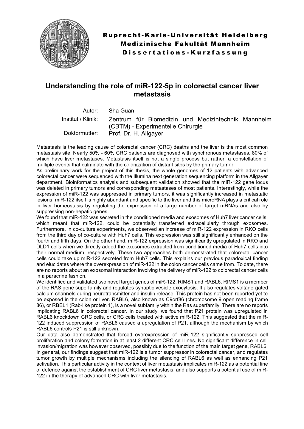 Understanding the Role of Mir-122-5P in Colorectal Cancer Liver Metastasis