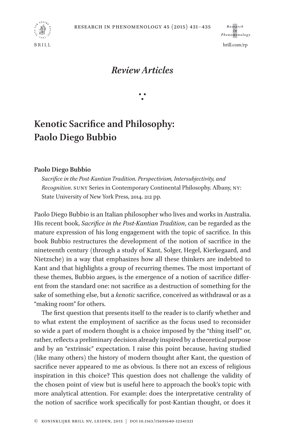 Review Articles Kenotic Sacrifice and Philosophy: Paolo Diego Bubbio