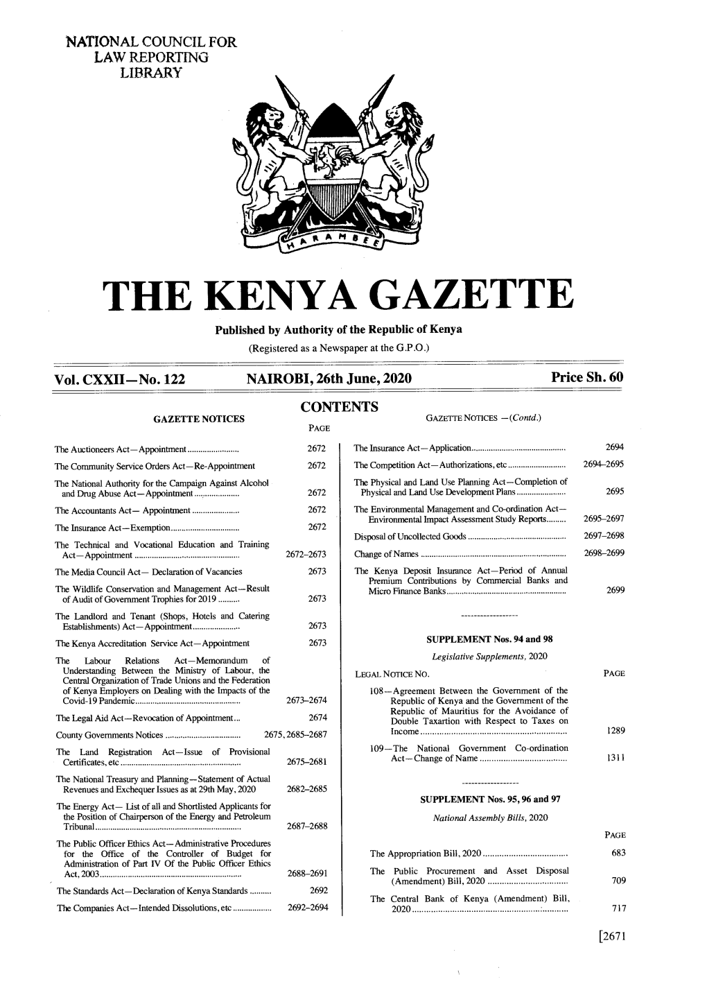 THE KENYA GAZETTE Published by Authority of the Republic of Kenya (Registered As a Newspaper at the G.P.O.) � Vol