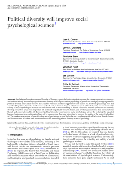 Political Diversity Will Improve Social Psychological Science1