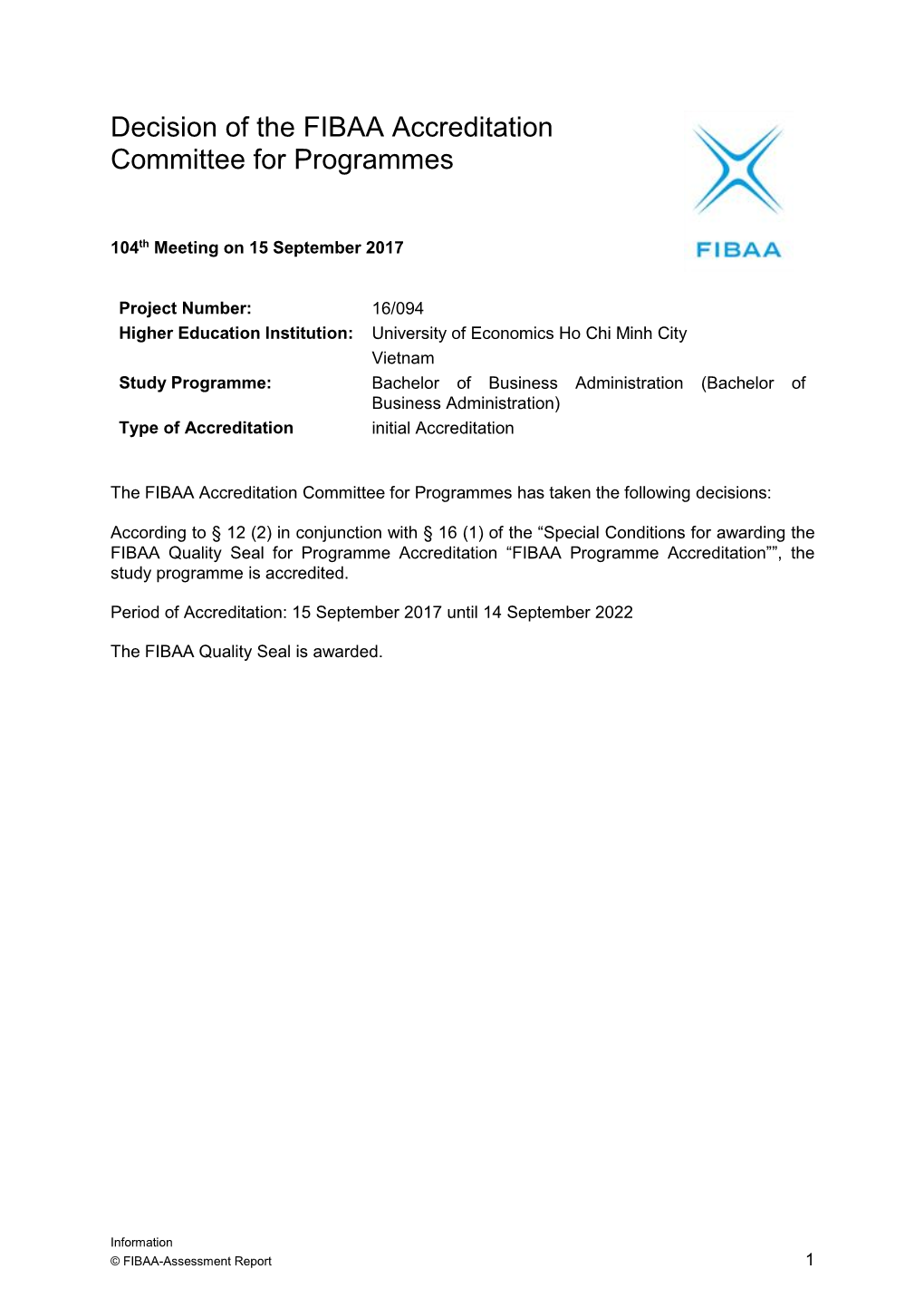 Decision of the FIBAA Accreditation Committee for Programmes