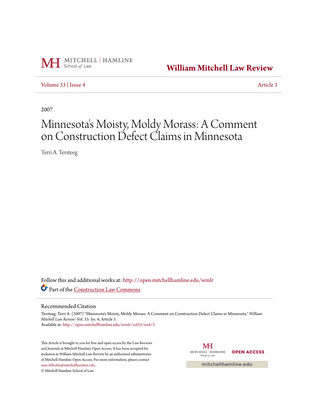A Comment on Construction Defect Claims in Minnesota Terri A