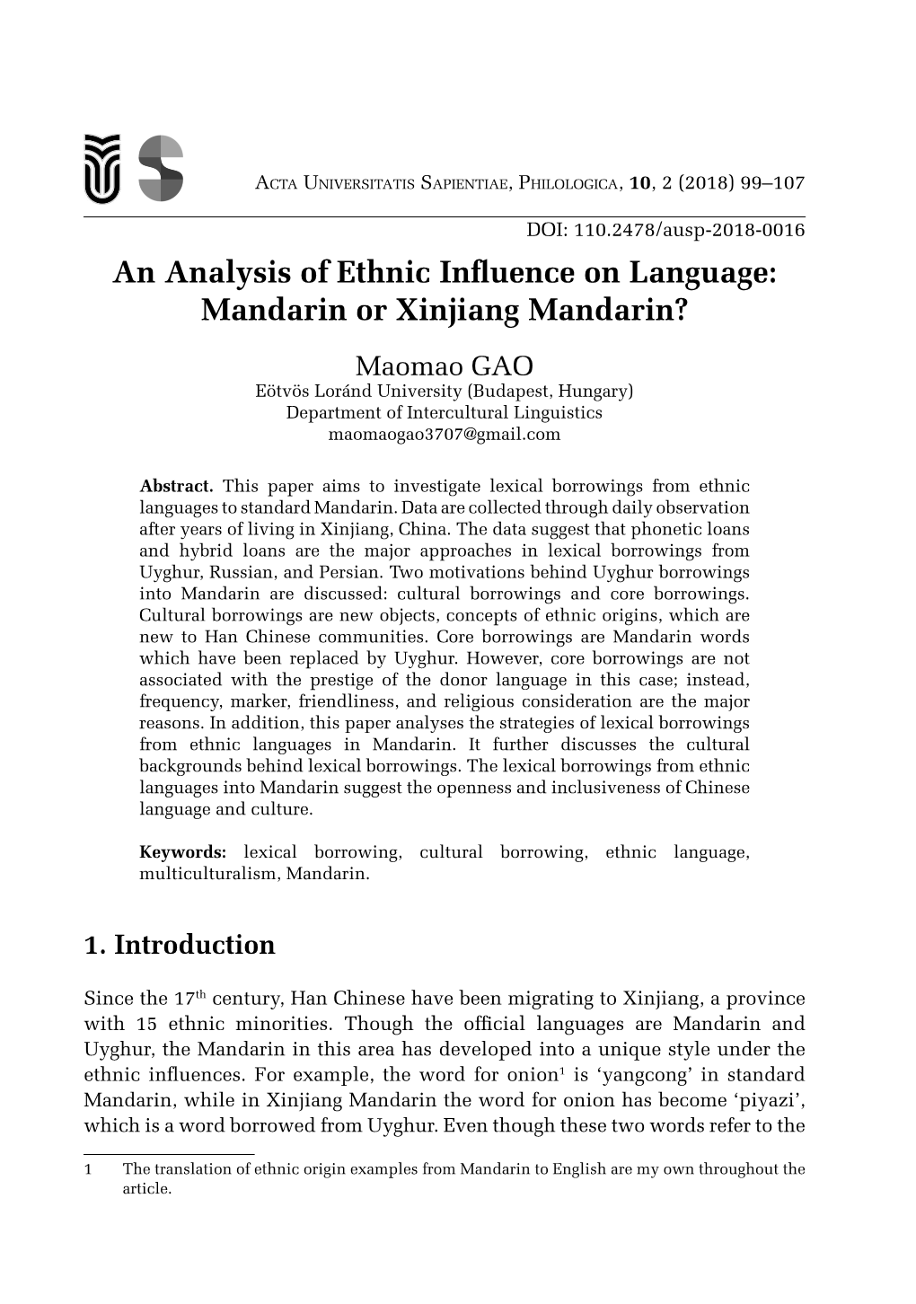 An Analysis of Ethnic Influence on Language: Mandarin Or Xinjiang