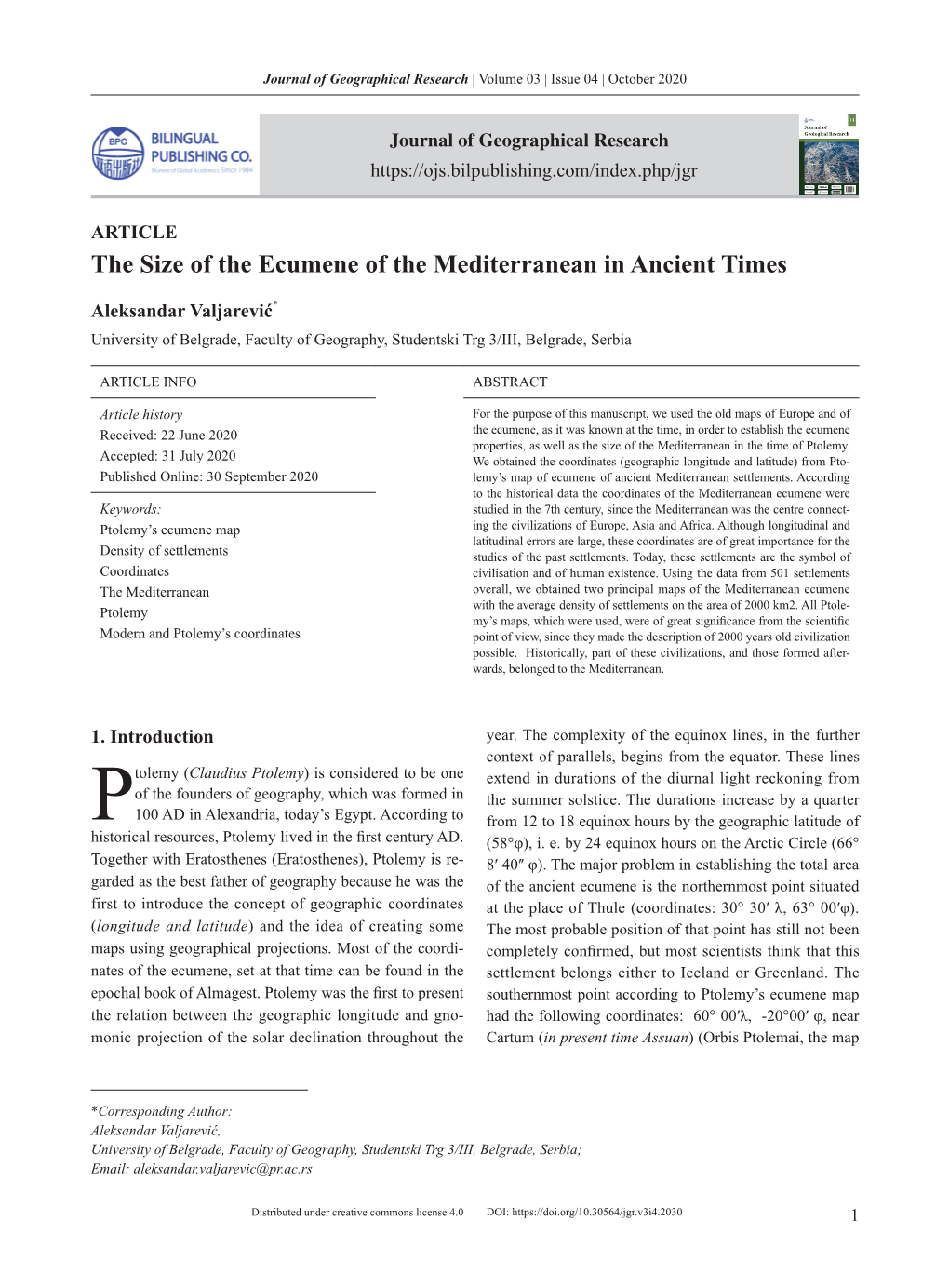 The Size of the Ecumene of the Mediterranean in Ancient Times