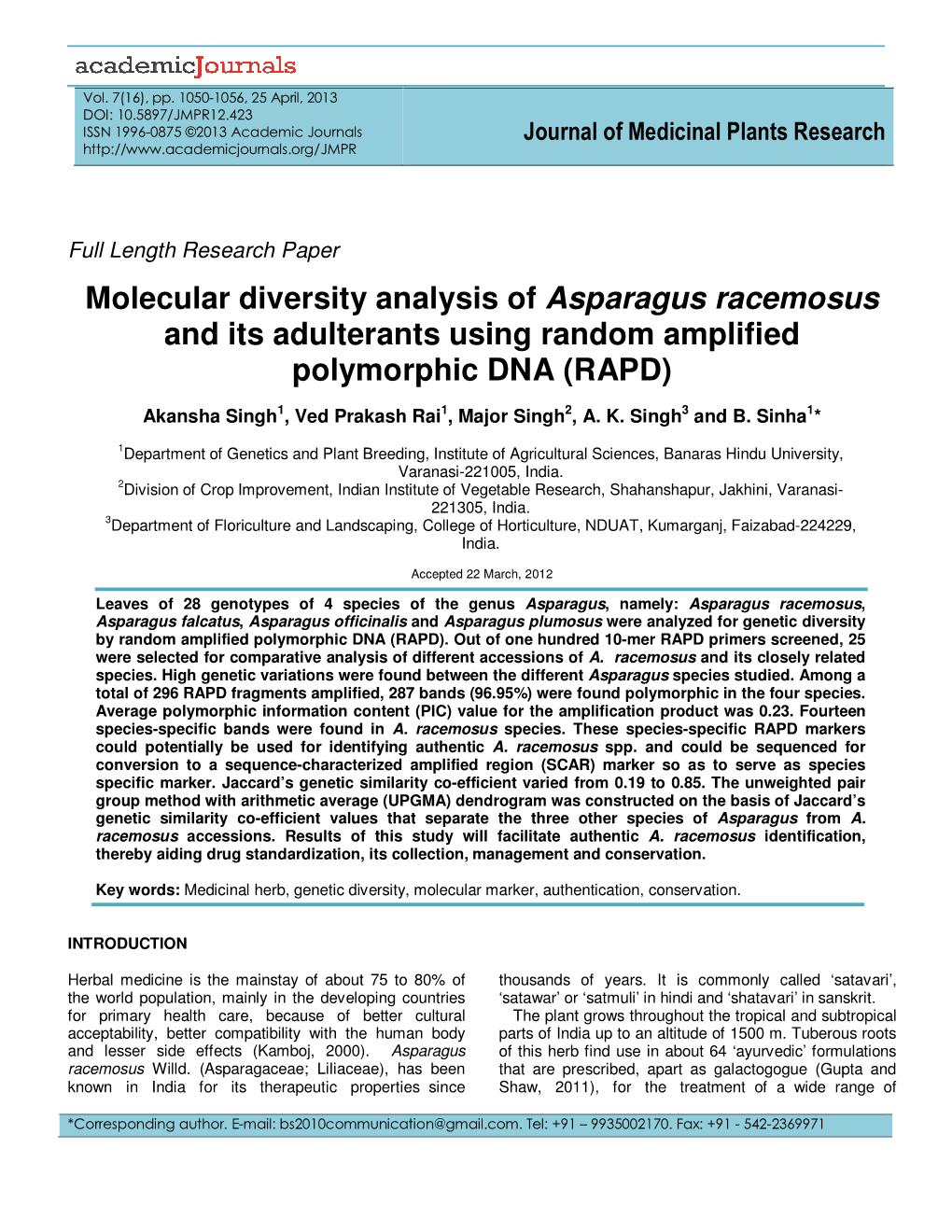 Molecular Diversity Analysis of Asparagus Racemosus and Its Adulterants Using Random Amplified Polymorphic DNA (RAPD)