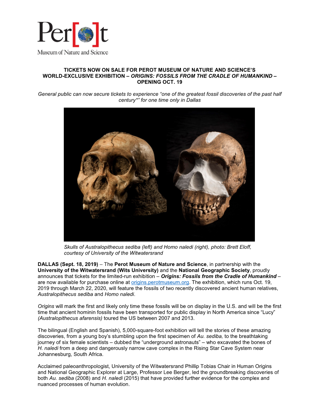 Origins: Fossils from the Cradle of Humankind – Opening Oct