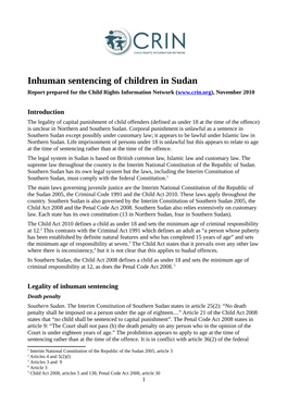 Inhuman Sentencing of Children in Sudan Report Prepared for the Child Rights Information Network ( November 2010