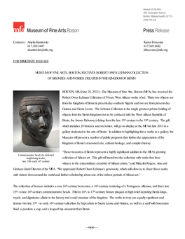 MFA Boston, MFA Receives Gift of Rare Works Made in Kingdom of Benin, Press Release, P