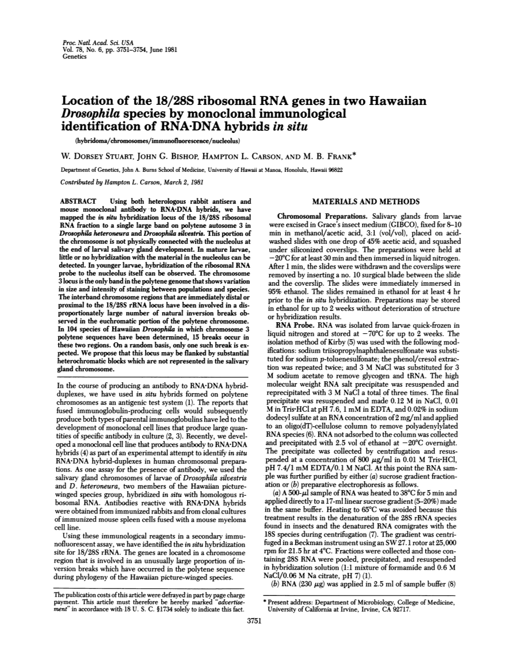 Location of the 18/28S Ribosomal RNA Genes in Two