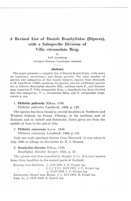 A Revised List of Danish Bombyliidae (Diptera), with a Subspeci:Fic Division of Villa Circumdata Meig