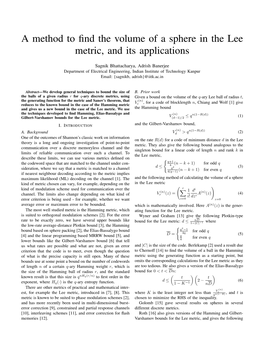 A Method to Find the Volume of a Sphere in the Lee Metric, and Its