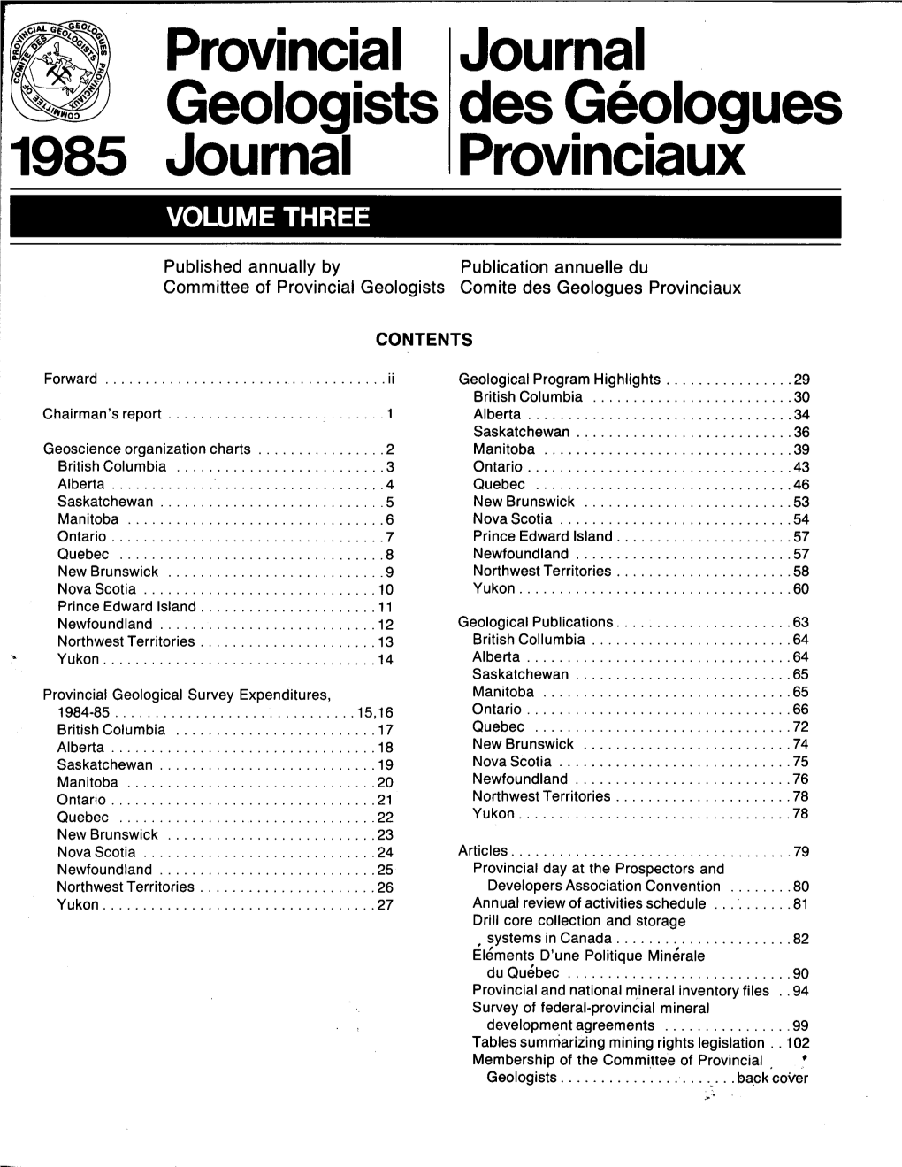 Provincial Geologists 1985 Journal Journal Des Geologues Provinciaux