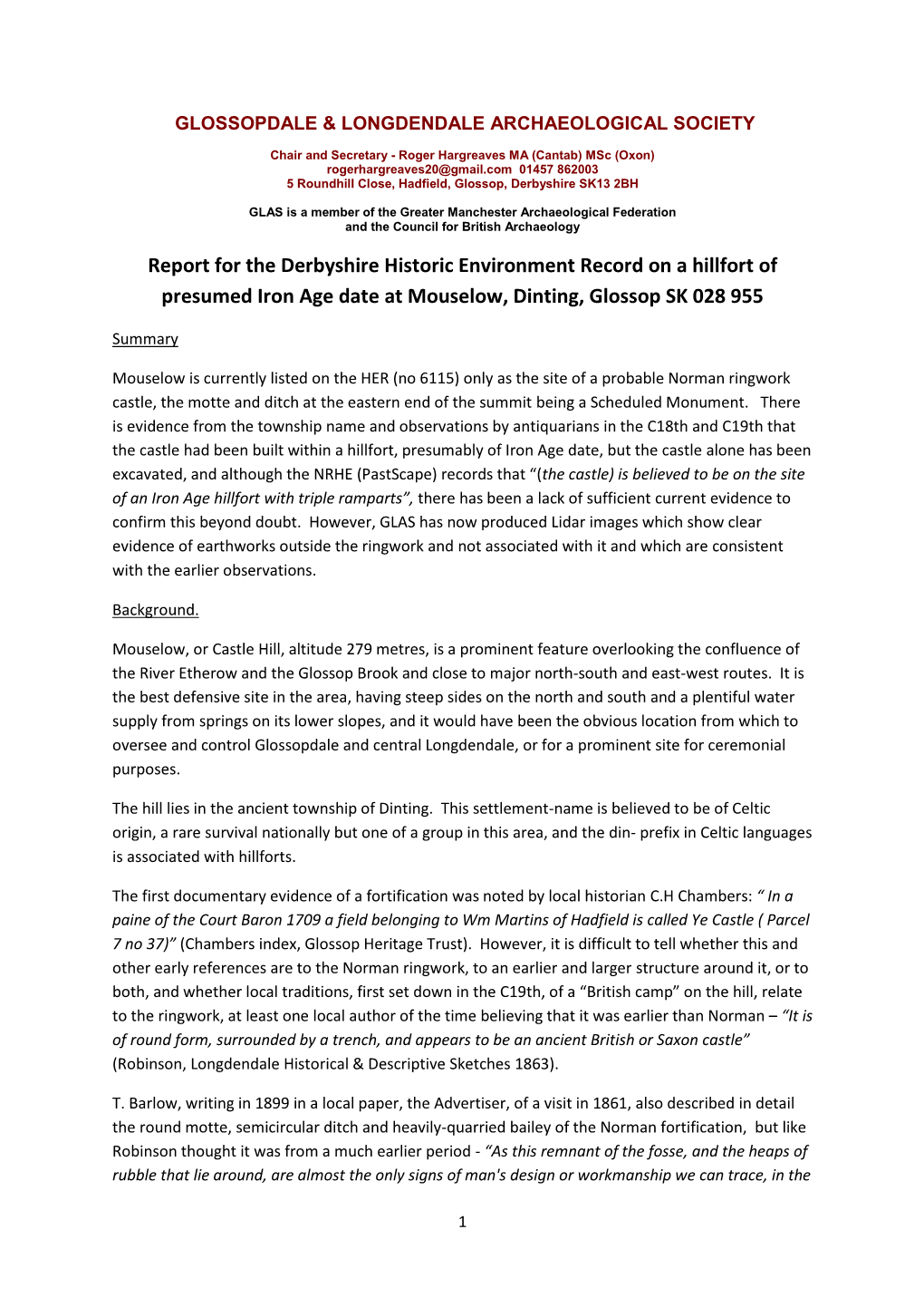 Report for the Derbyshire Historic Environment Record on a Hillfort of Presumed Iron Age Date at Mouselow, Dinting, Glossop SK 028 955