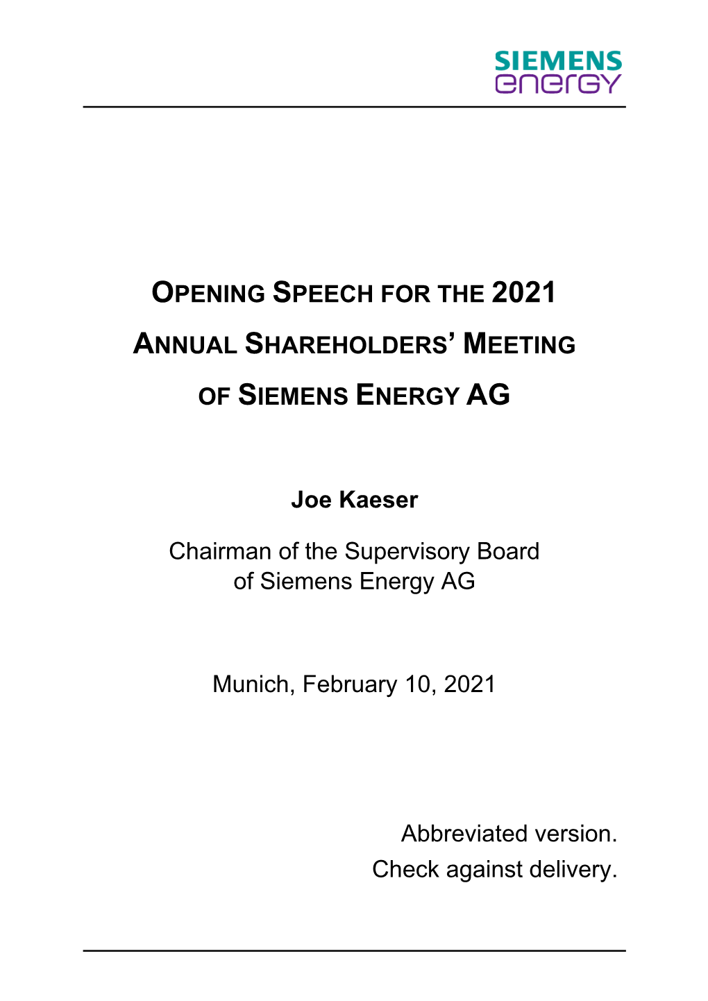 Opening Speech for the 2021 Annual Shareholders