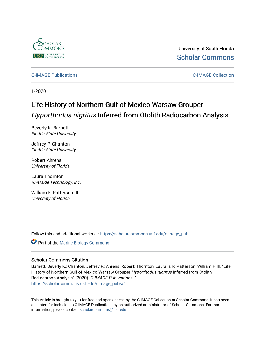 Life History of Northern Gulf of Mexico Warsaw Grouper Hyporthodus Nigritus Inferred from Otolith Radiocarbon Analysis